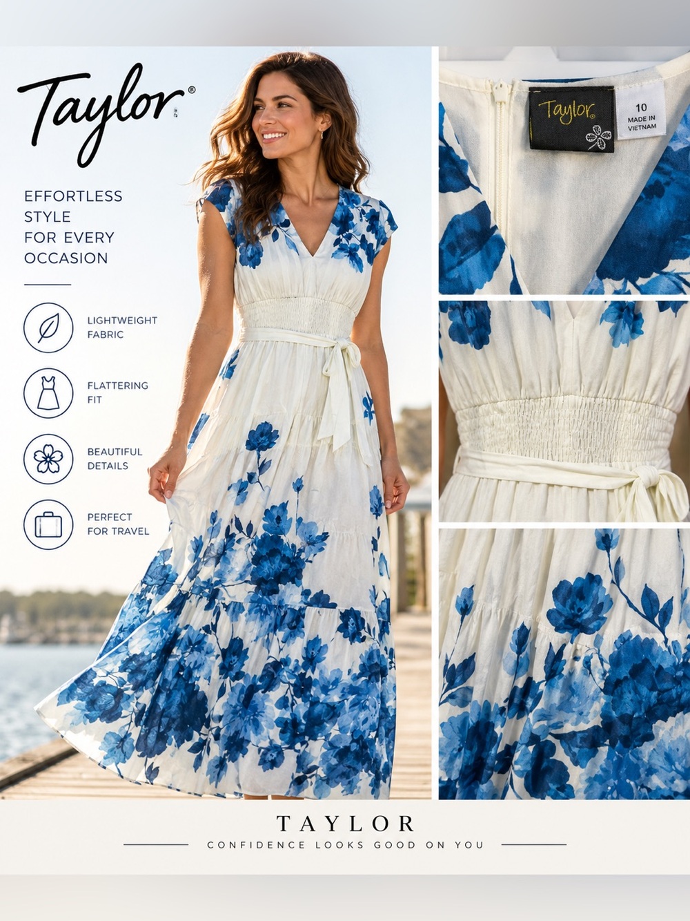 Taylor White Maxi Dress with Blue Floral Design